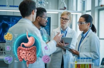 Tutkijoita laboratoriossa tarkastelemassa suoli-aivoakselin yhteyttä kuvaavaa 3D-mallia ja keskustelemassa tutkimustuloksista.