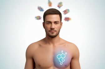 Mies, jonka pään ympärillä on värikkäitä abstrakteja muotoja ja rinnan kohdalla sinertävä hormoni-ikoni, kuvaamassa ADHD ja matalia testosteronitasoja.